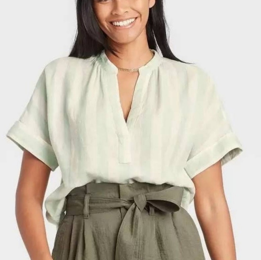 A New Day Women's XL Green White Striped Lined Blend Top